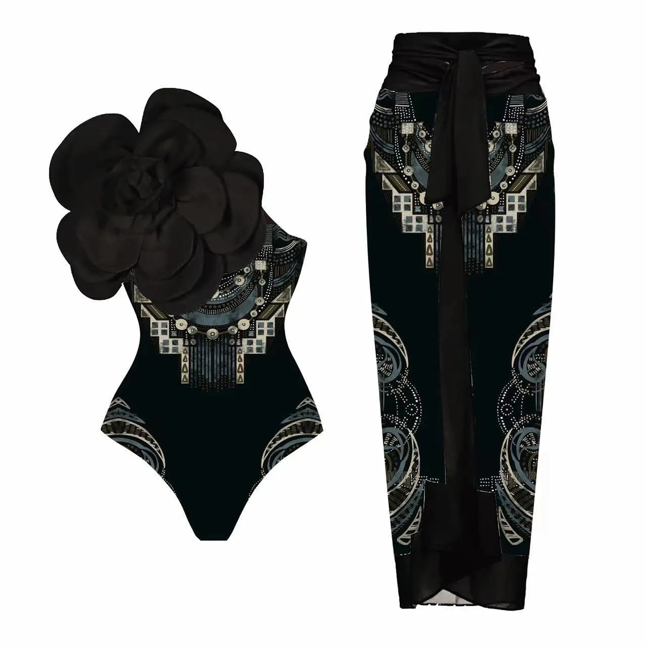 Women's white floral print one-piece swimsuit with matching wrapped skirt