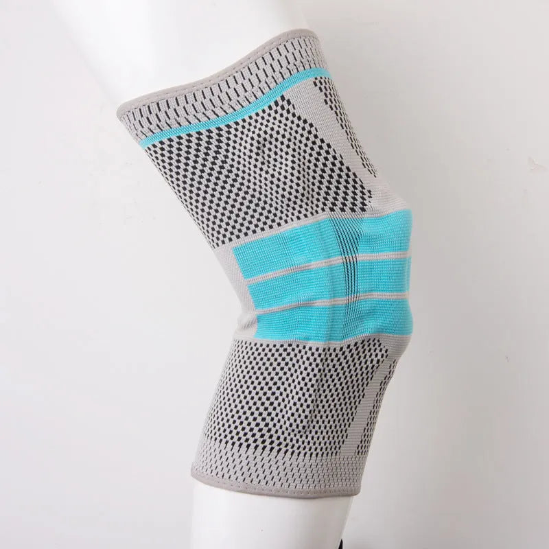 Sky blue elastic fibre knee pad for sports support, shown in size selection S, M, L, XL.