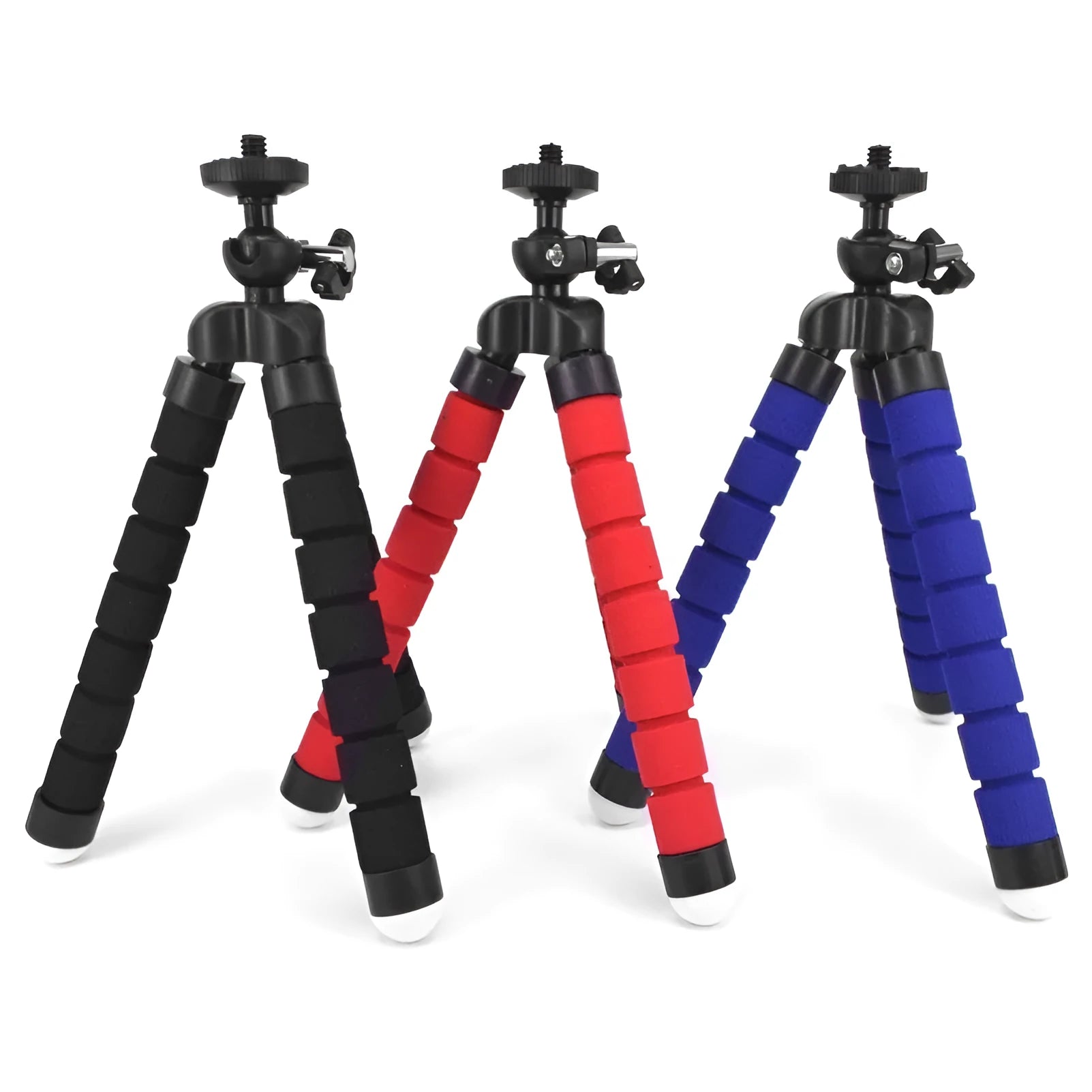 Black flexible octopus tripod with bent legs wrapped around a pole, holding a smartphone.