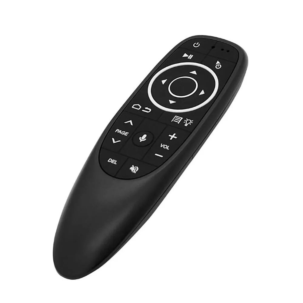 G10 series intelligent voice remote control with silicone buttons and plastic shell, shown next to its packaging box.