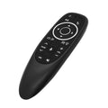 G10 series intelligent voice remote control with silicone buttons and plastic shell, shown next to its packaging box.