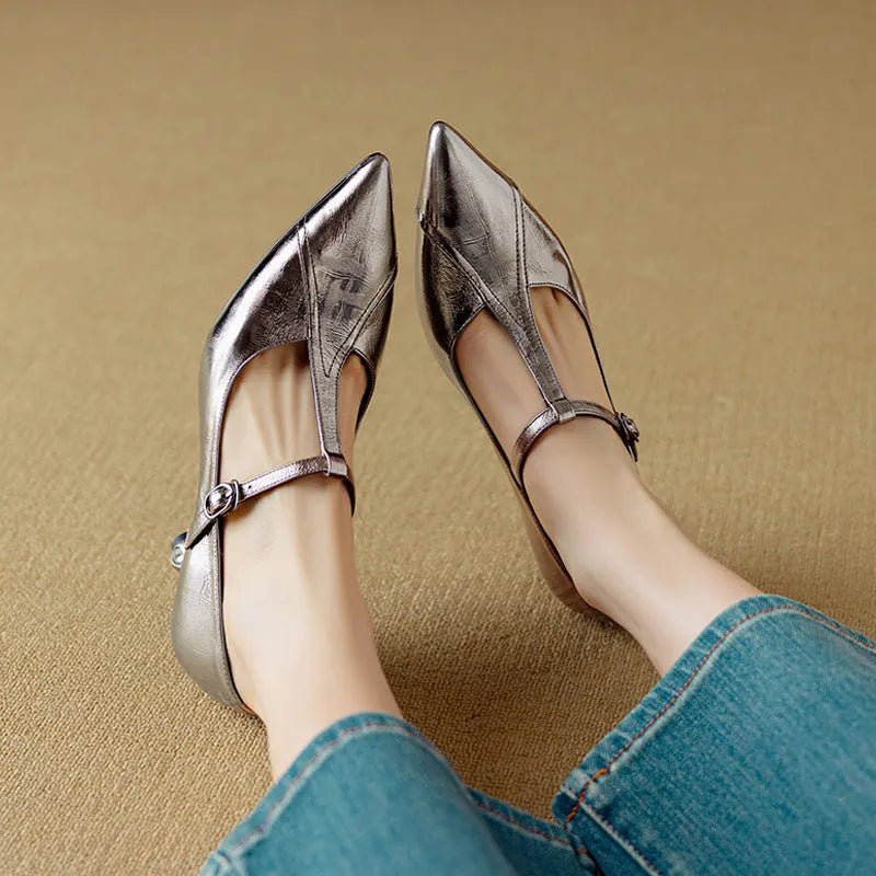 Genuine leather Mary Jane pumps with chunky heel in gun colour and pink options