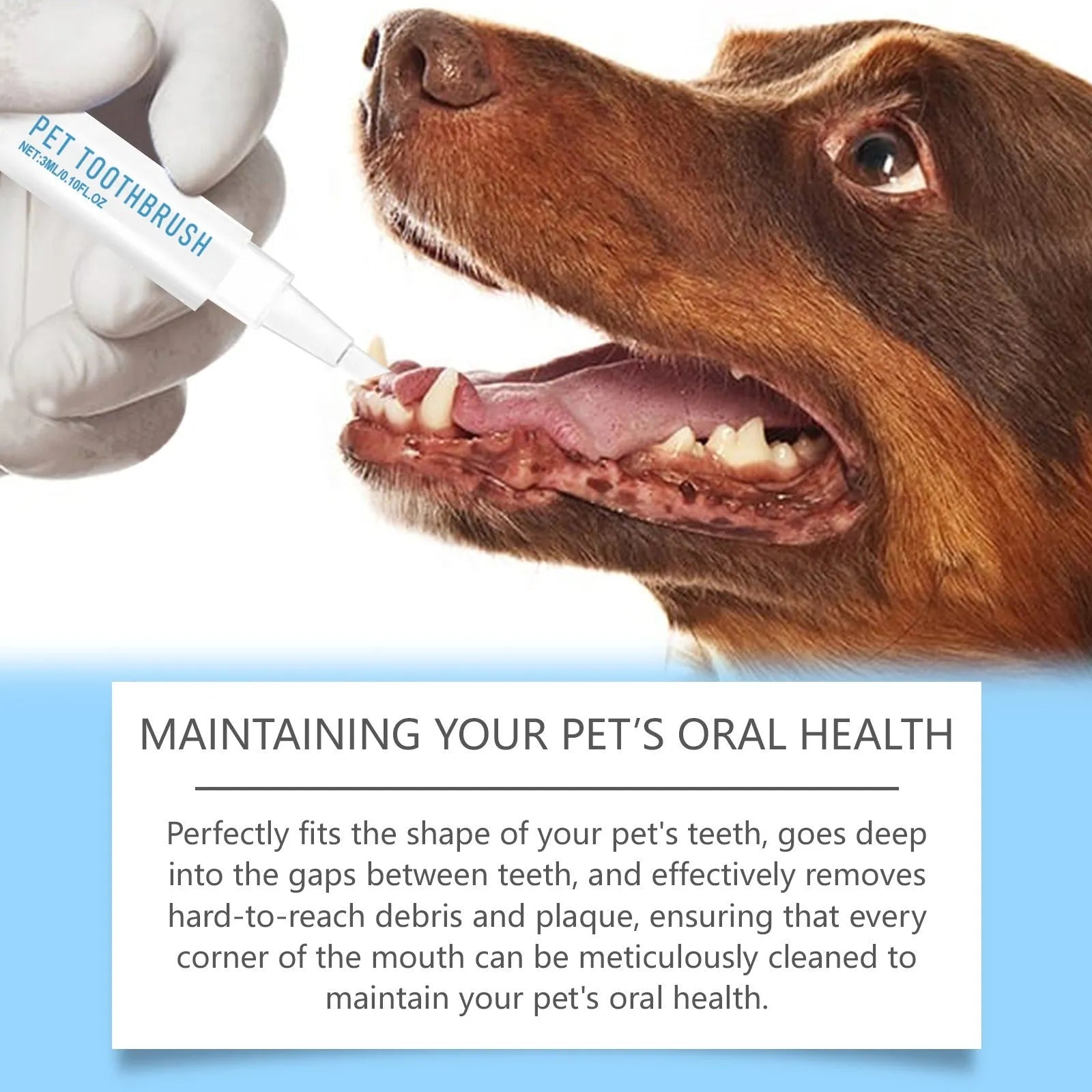 Pet toothbrush pen with integrated 3ml breath freshening gel reservoir for dog and cat dental care