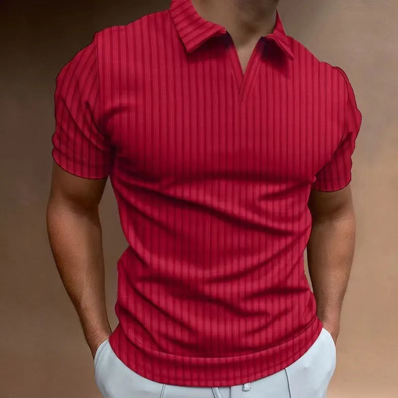 Men's striped V-neck summer polo shirt in cotton blend fabric with short sleeves