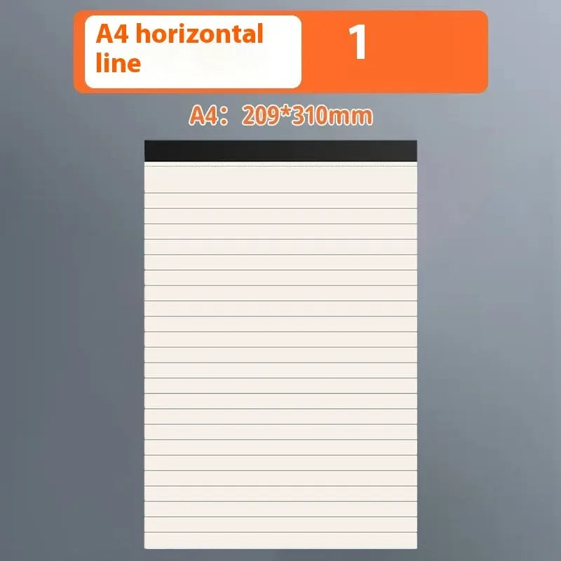 A5, B5 and A4 writing pads with blank, grid and lined page rulings.