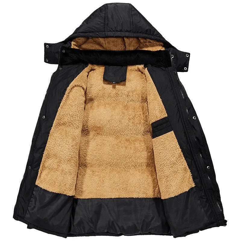 Black men's loose velvet padded hooded jacket with double-breasted front.