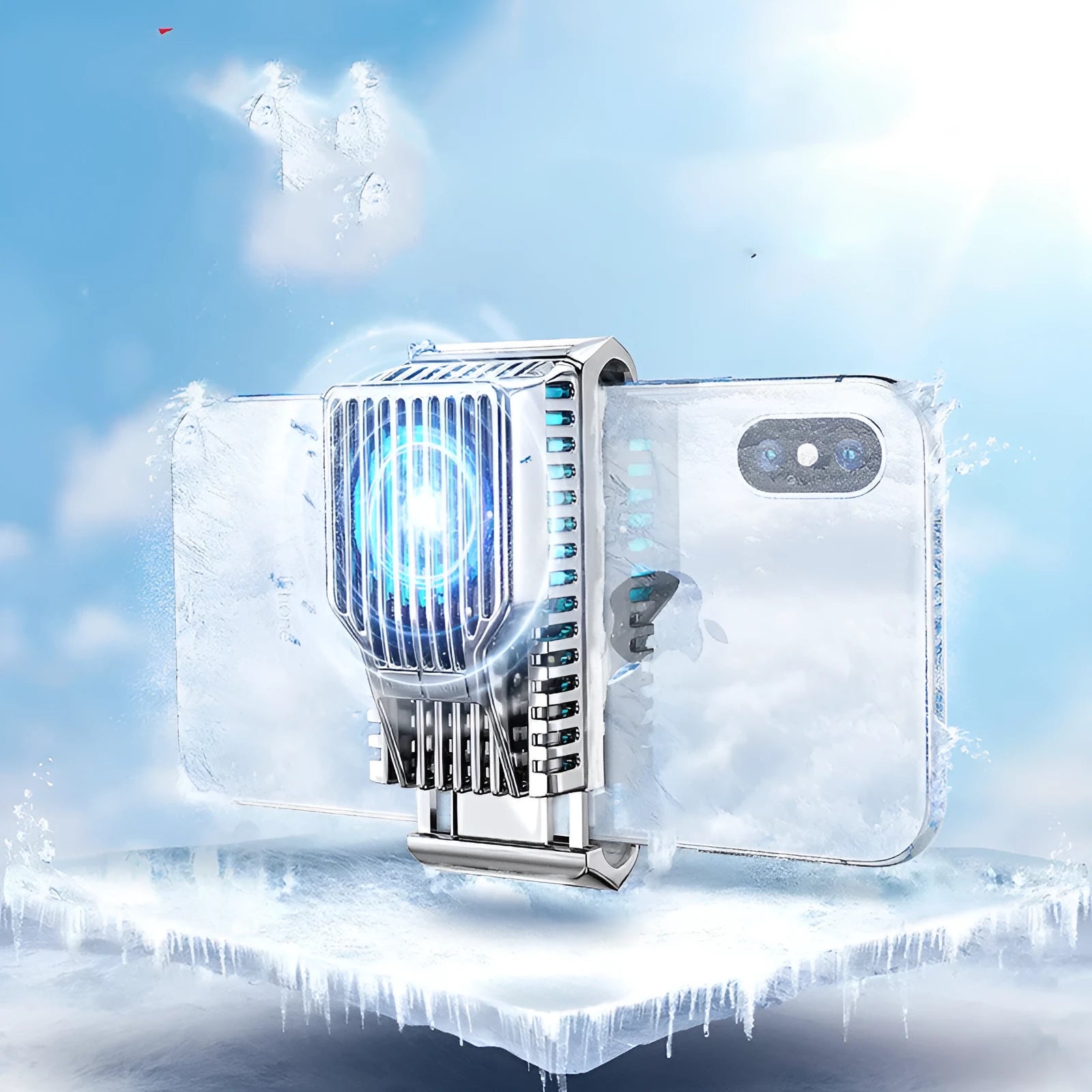 Black mobile phone radiator with ceramic cooling panel attached to smartphone