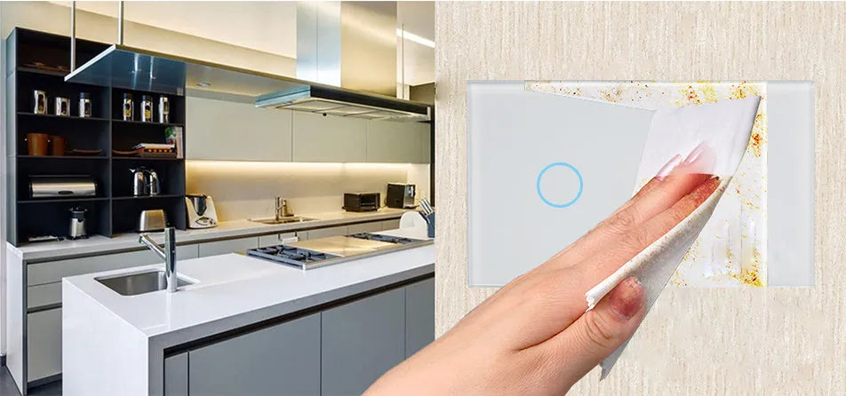 White tempered glass RF touch light switch with 2-gang controls and LED indicators