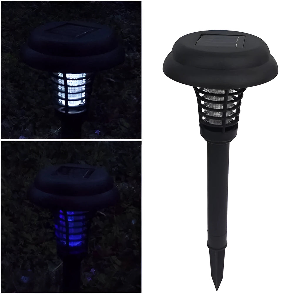 Black solar insect killing lamp with white and purple LED lights for garden mosquito control