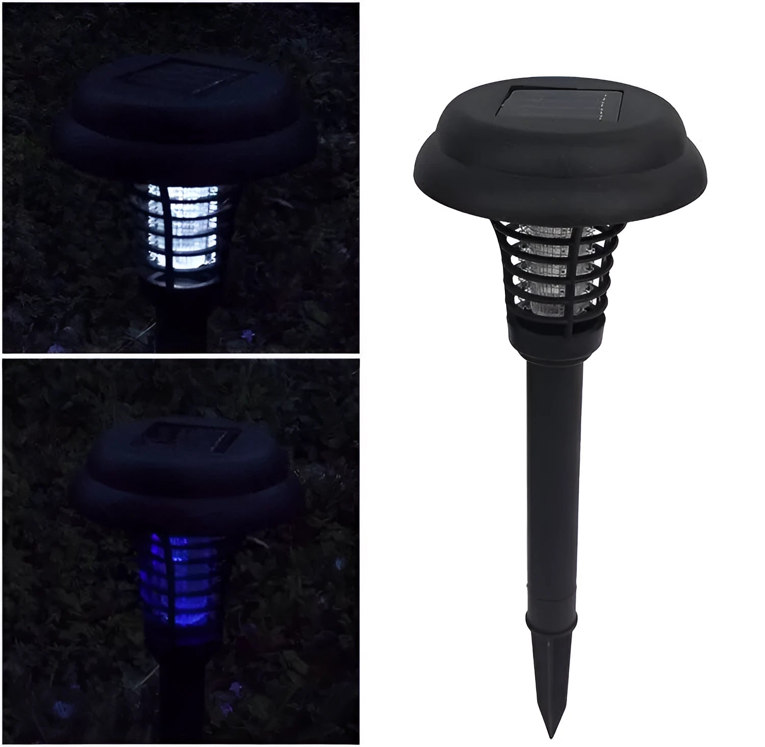 Black solar insect killing lamp with white and purple LED lights for garden mosquito control