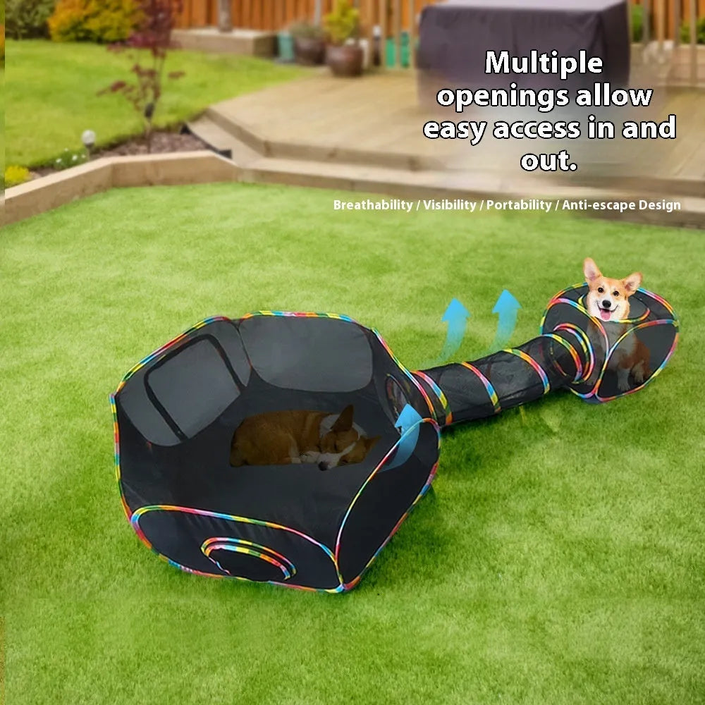 Foldable mesh cat playpen in hexagonal style showing mesh construction and foldable design
