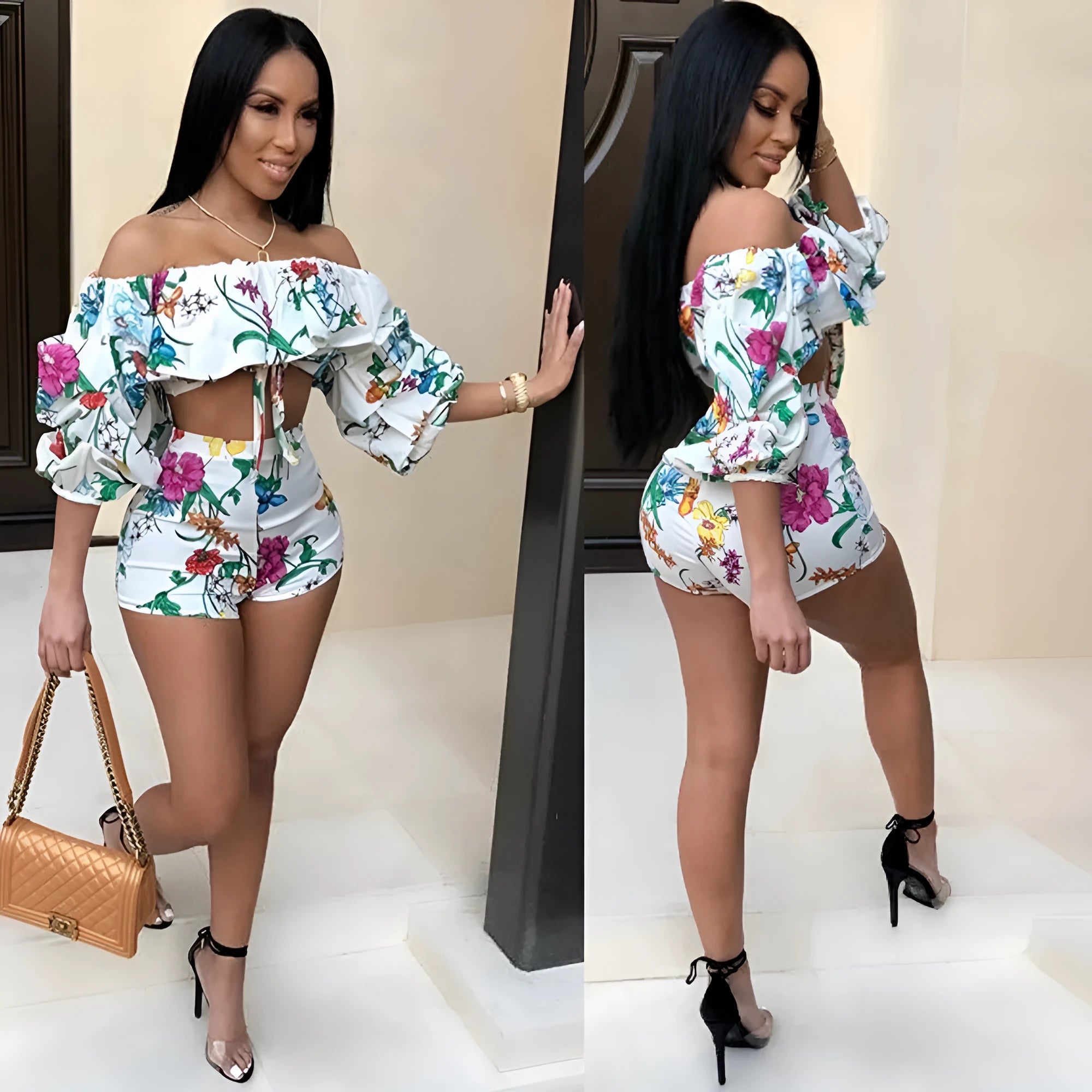 Women's digitally printed two-piece set with long pile sleeves and matching shorts in multicolour pattern