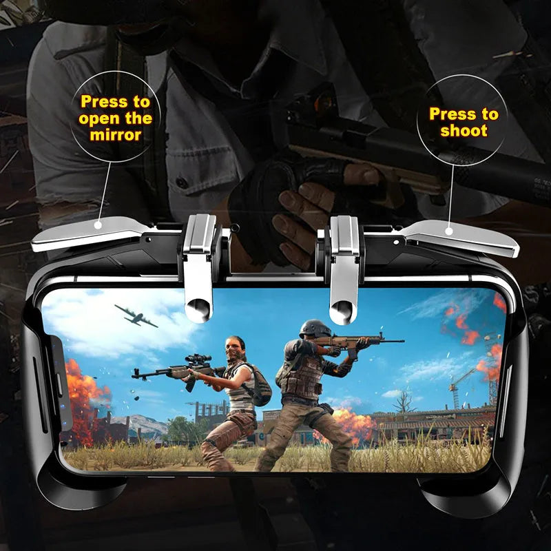 Multifunctional mobile game handle with extended grip holding smartphone, showing physical buttons and universal clip