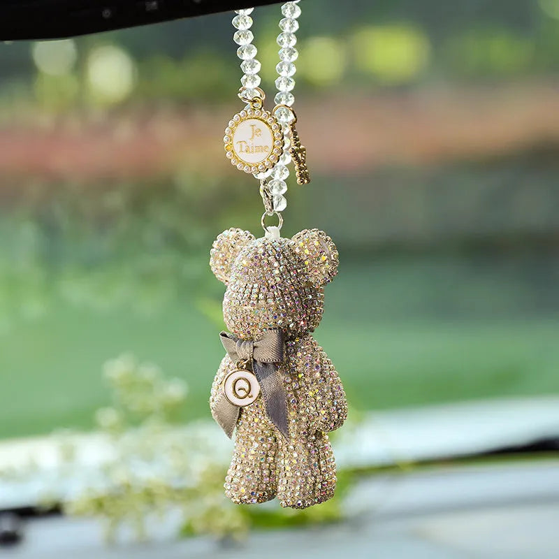 Violent Bear character car rearview mirror pendant with diamond-embedded rhinestones.