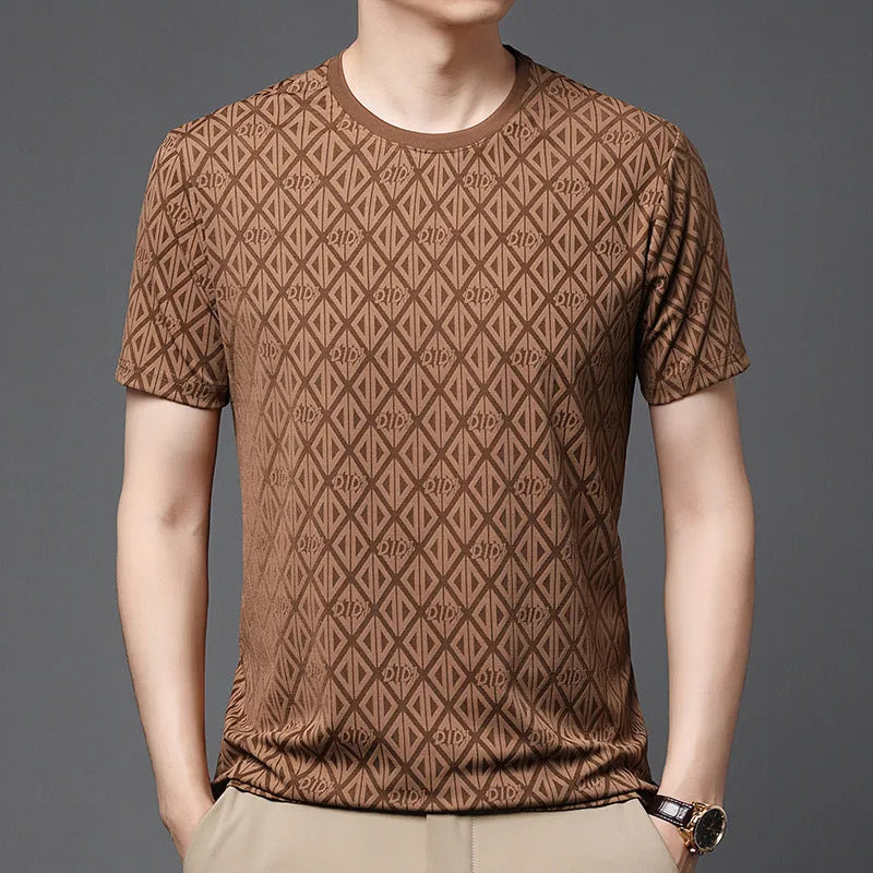 Men's loose fit round neck short sleeve T-shirt in ice silk fabric, shown in solid colour options.