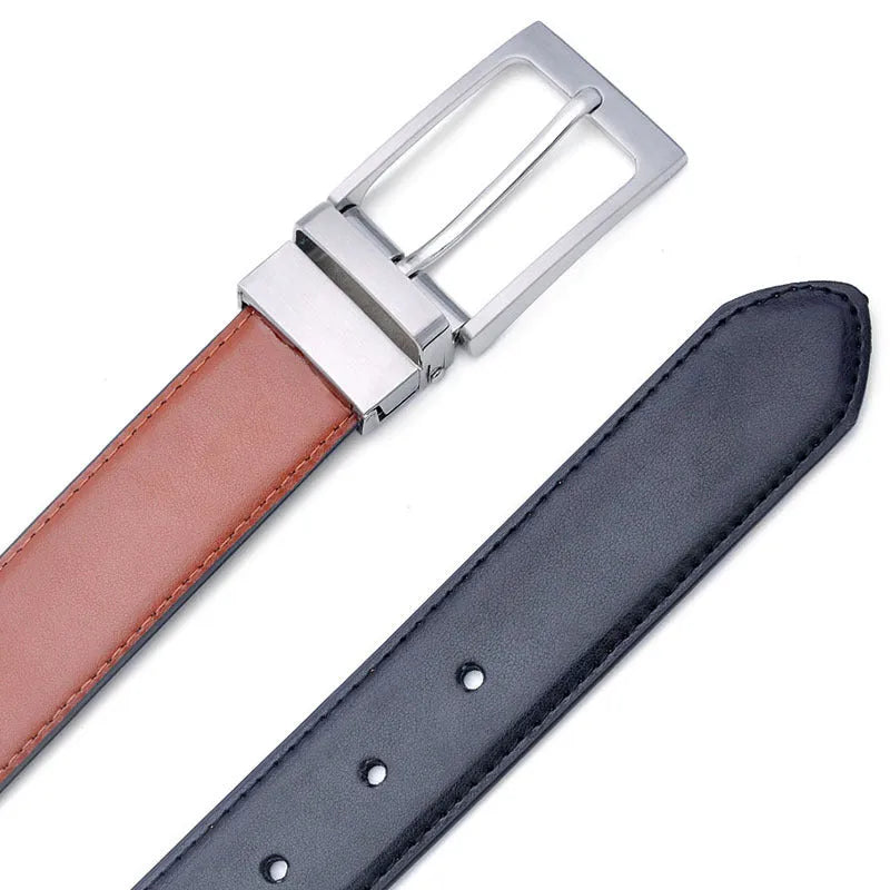 Men's brown and black genuine leather belt with rotating pin buckle on dark background