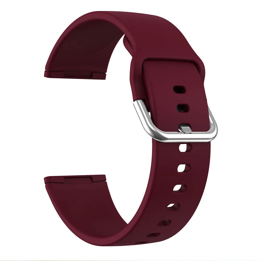Silicone replacement strap with silver buckle for Fitbit Versa 3 and Sense 2 in multiple solid colour options.