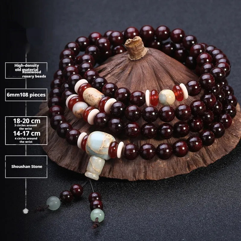 Men's rosewood bracelet with 108 beads showing lapis lazuli stone design option