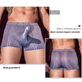 Men's black striped nylon boxer briefs shown flat, highlighting vertical pattern and elastic waistband.