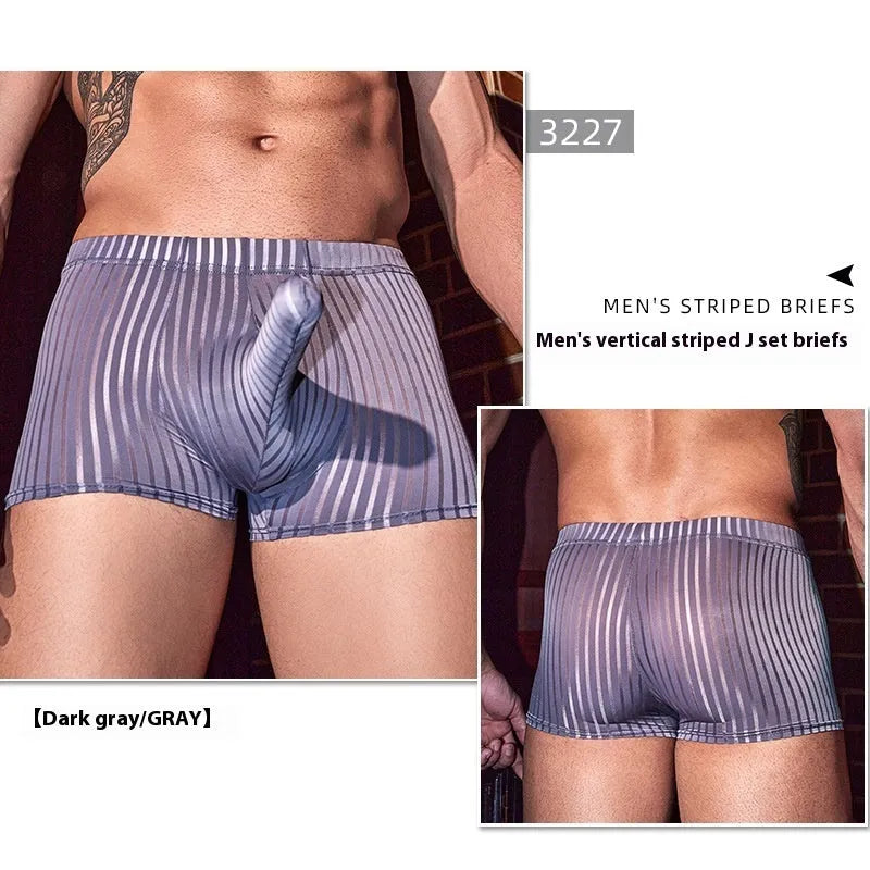 Men's black striped nylon boxer briefs shown flat, highlighting vertical pattern and elastic waistband.