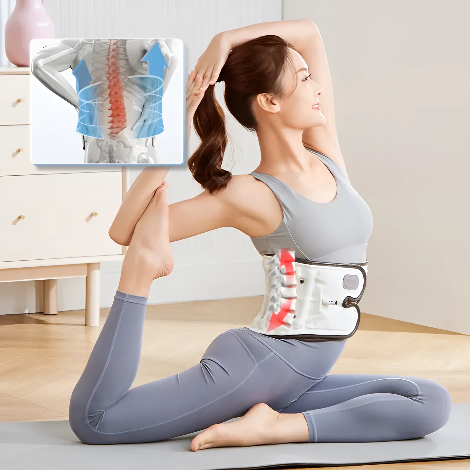 Automatic inflation lumbar support waist belt in PU material on a grey background