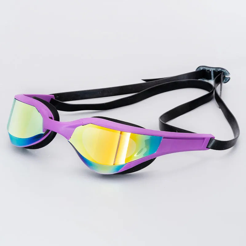 Black and gold plated anti-fog racing swimming goggles with polycarbonate frame on a blue background.