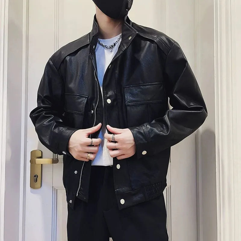 Men's black Korean-style PU leather jacket with straight hem and side pockets for spring and autumn wear