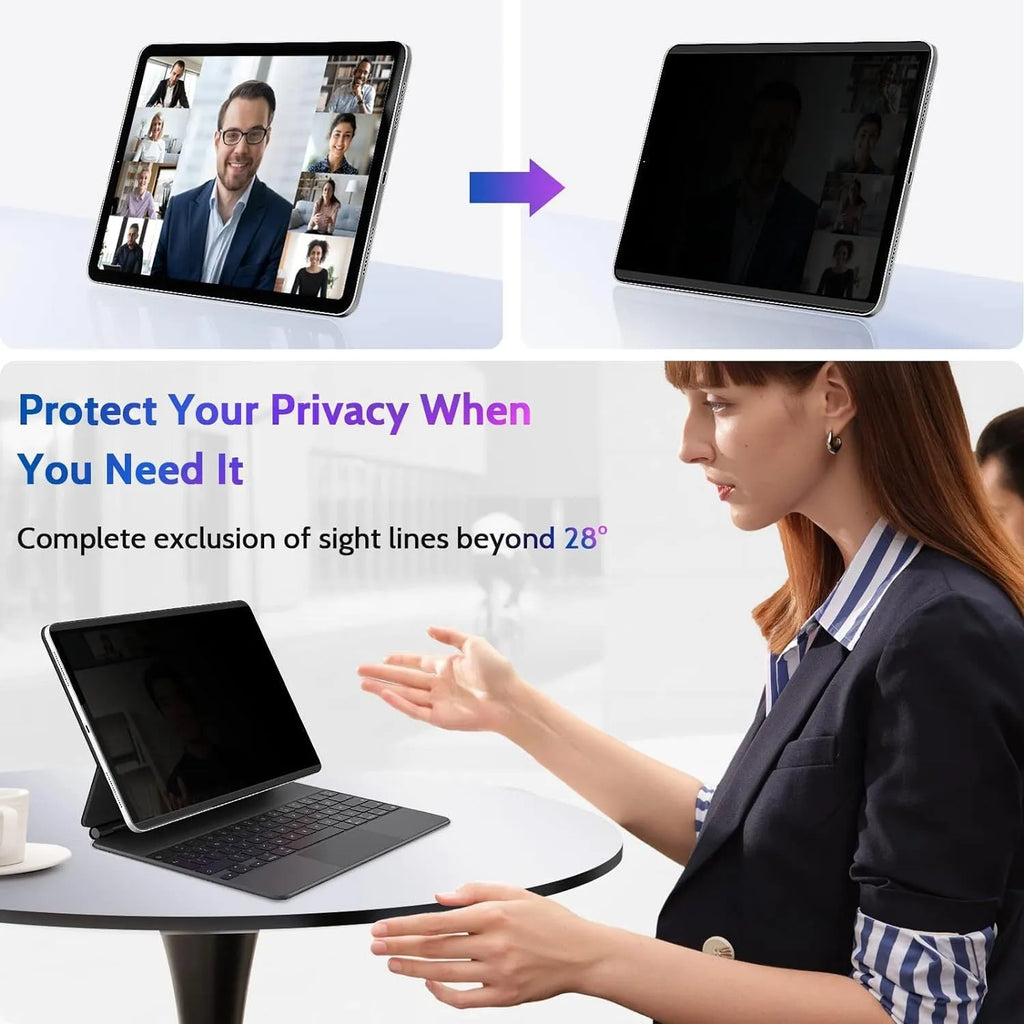 Magnetic suction iPad privacy screen protector with paper-like texture and storage clip on an iPad.