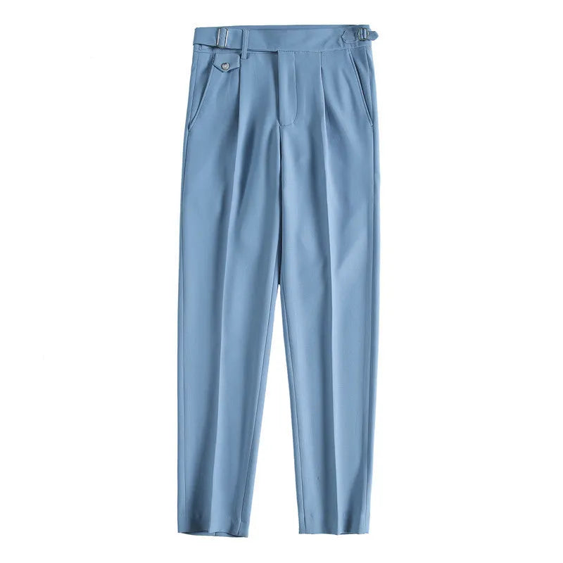 Men's straight-leg casual trousers in polyester fabric with elasticated waistband available in multiple solid colours