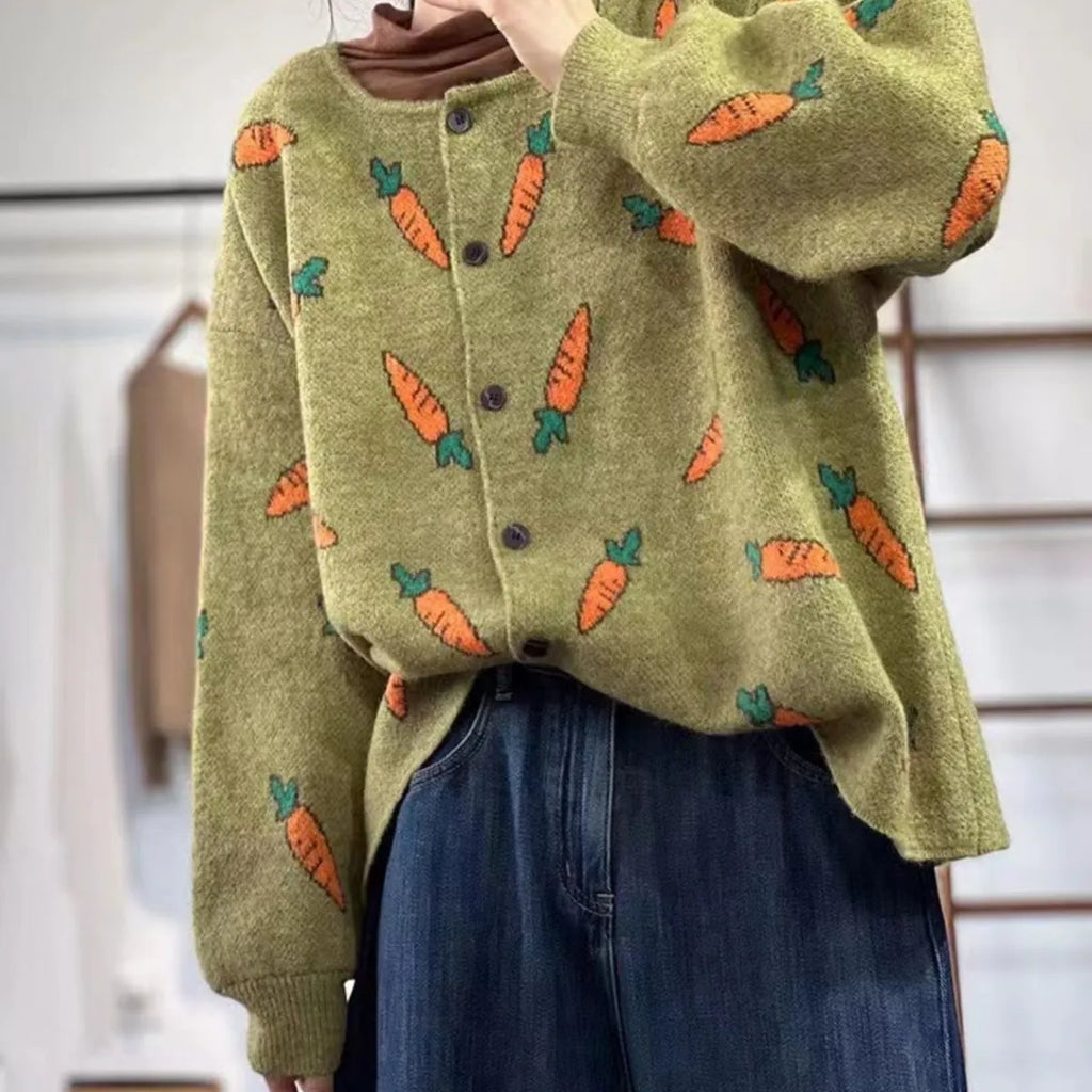 Round neck cardigan with Mori artistic printing colour contrast design in viscose fibre fabric