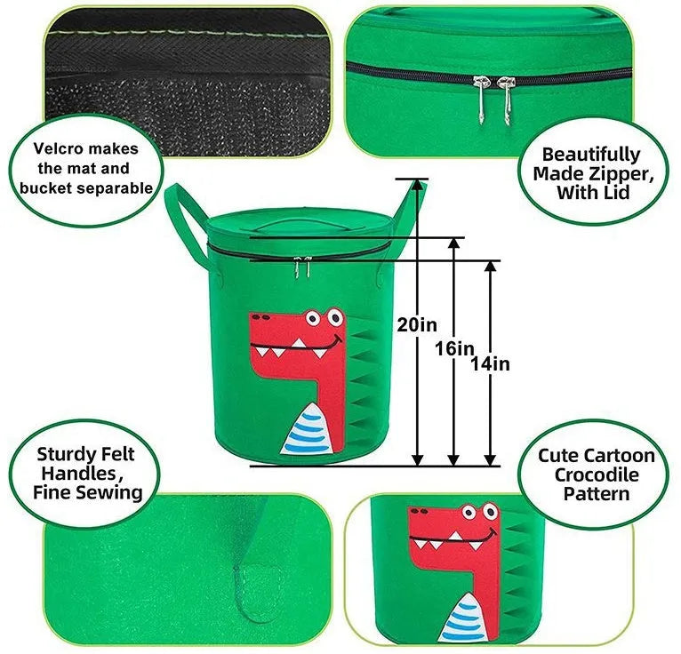 Green cube-shaped felt storage bag with pull rope lying flat as a play mat.