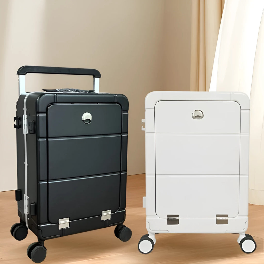 20-inch front opening suitcase with dry wet separation compartments in black, green, silver or white colours