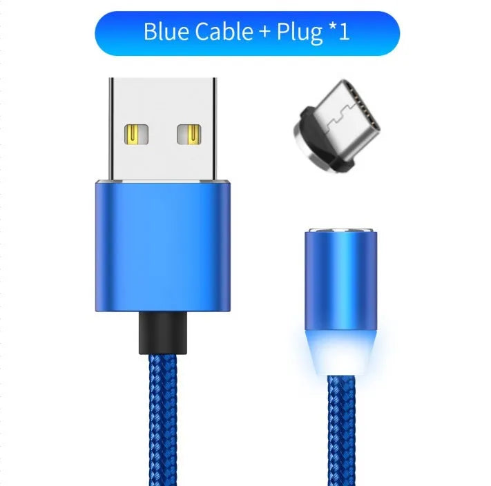 1 metre cotton braided magnetic charging cable with LED light and aluminium connectors