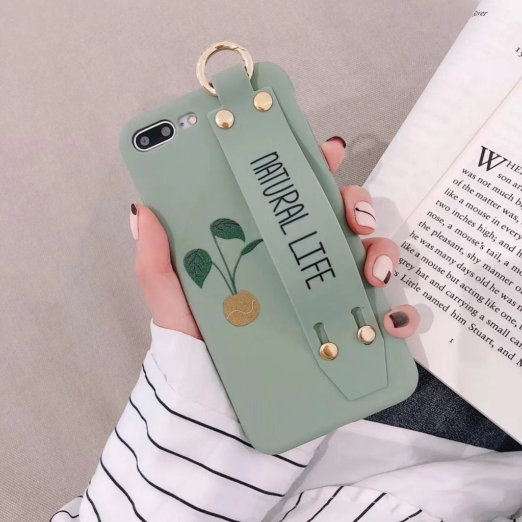 Green graffiti pattern wristband holder phone case for iPhone models showing back cover design