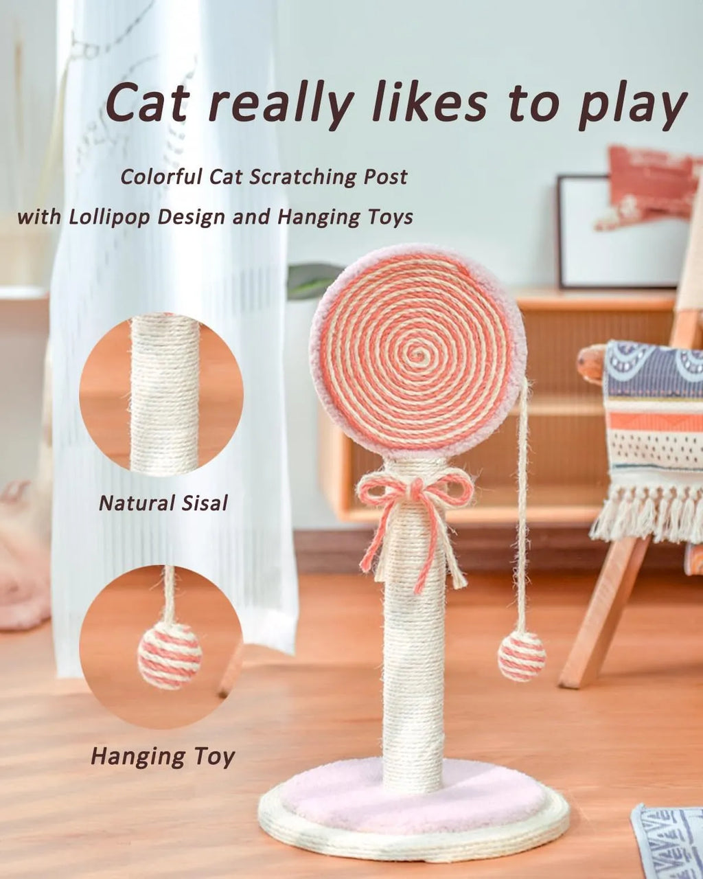 Cat scratching post with sisal rope surface and hanging ball toy on sturdy wood base