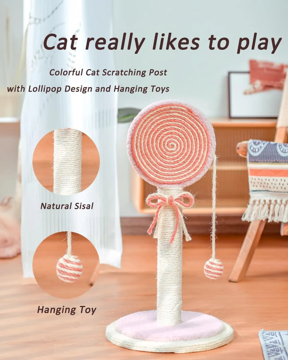 Cat scratching post with sisal rope surface and hanging ball toy on sturdy wood base