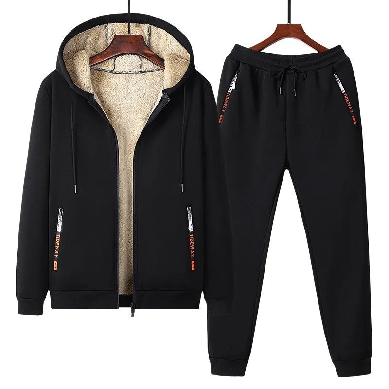 Winter fleece-lined thick lambskin coat and trousers set for women in black, cotton fabric, long sleeves