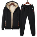 Winter fleece-lined thick lambskin coat and trousers set for women in black, cotton fabric, long sleeves