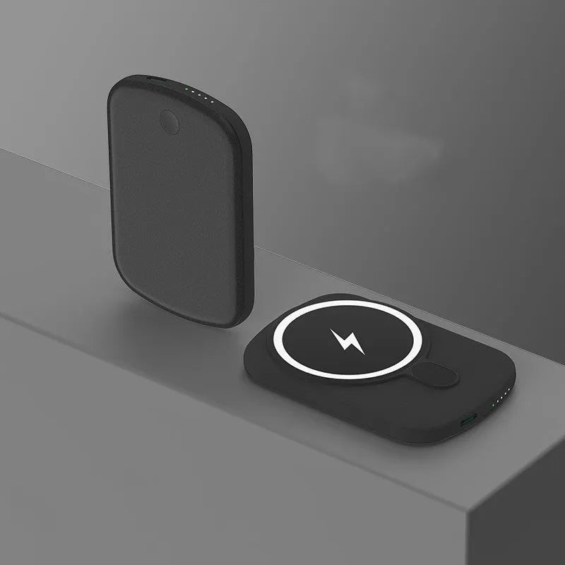 Magsafe magnetic wireless power bank in black, pink, white, or purple colour options showing front view.