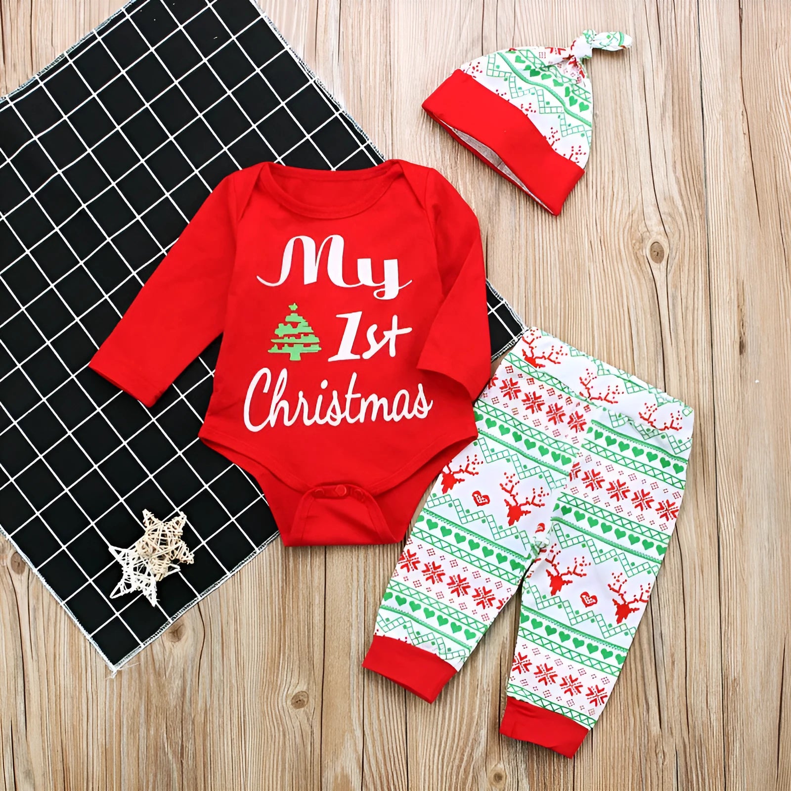 Red cotton long sleeve letter jumpsuit three-piece baby crawling suit set with hat and pants on white background