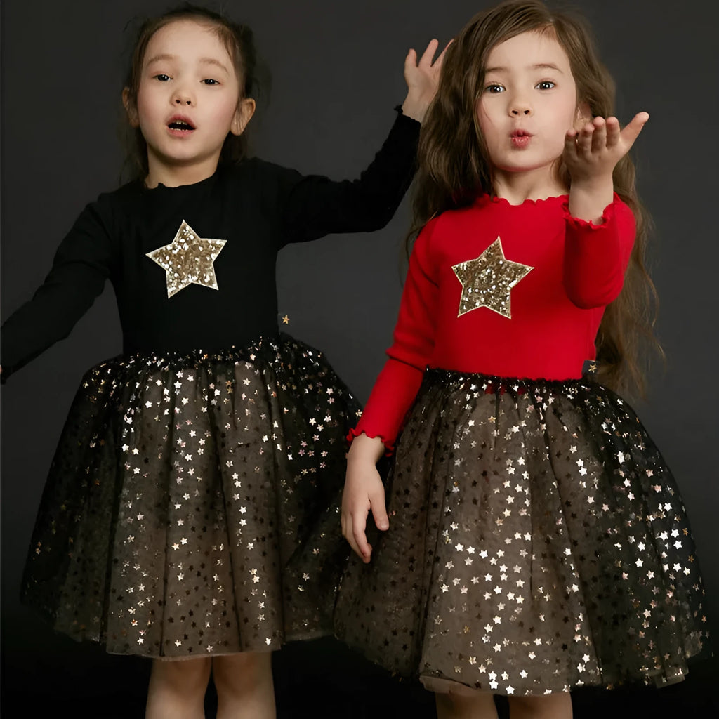 Children's long sleeve cotton Christmas princess dress in red with lace and bow details