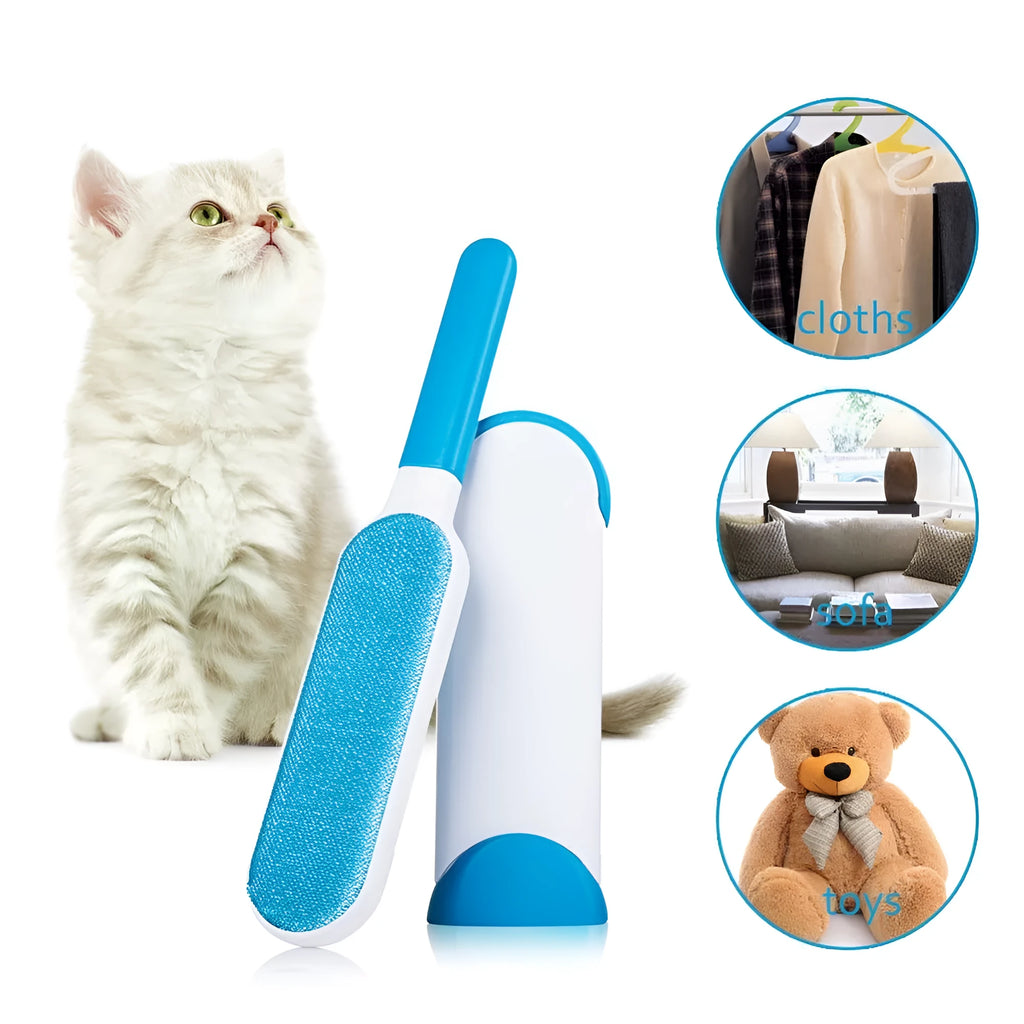 Blue reusable pet hair removal comb with double-sided brush head next to its self-cleaning base.