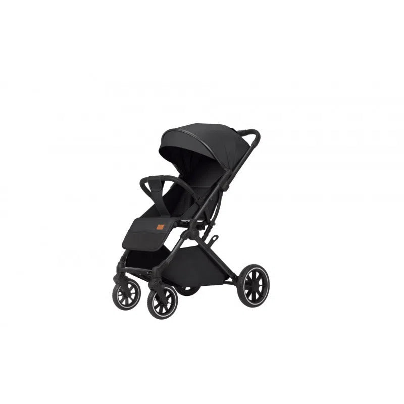 Lightweight folding baby stroller with four-wheel shock absorbers, iron frame, available in black, dark gray, light gray, and khaki