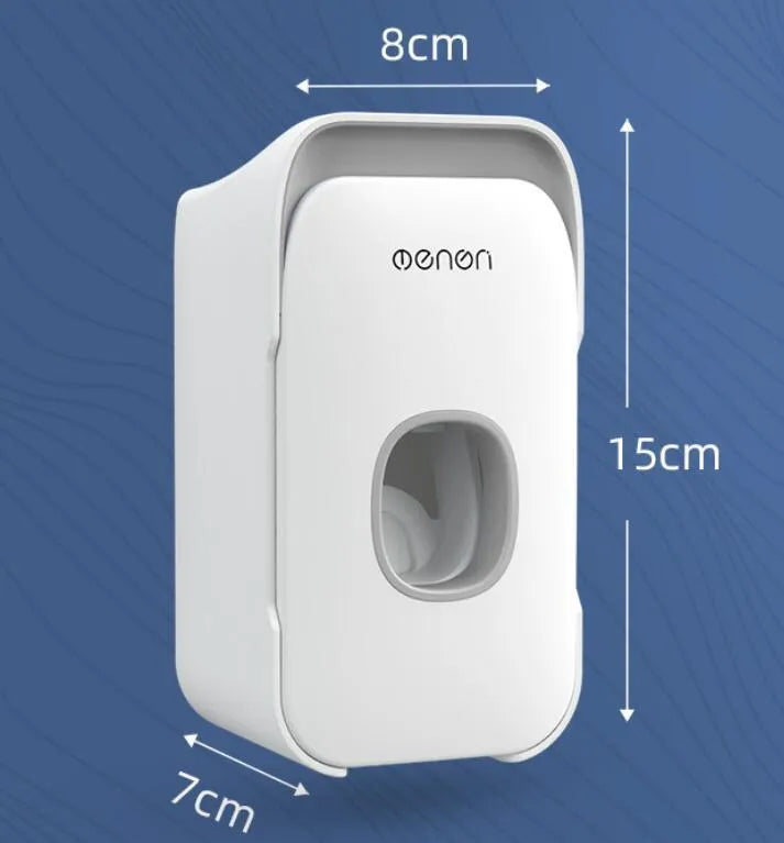 Wall-mounted automatic toothpaste dispenser in blue colour with touch sensor.