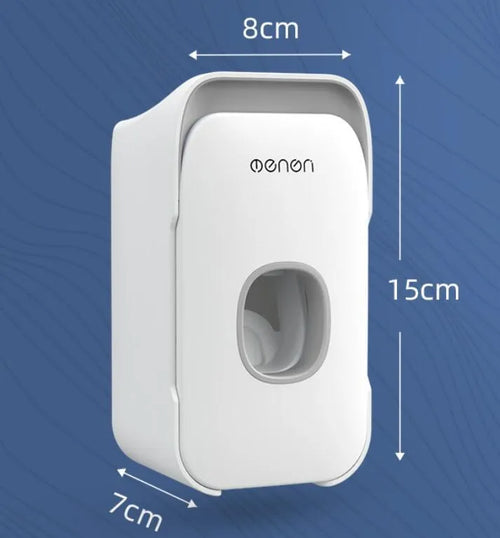 Wall-mounted automatic toothpaste dispenser in blue colour with touch sensor.