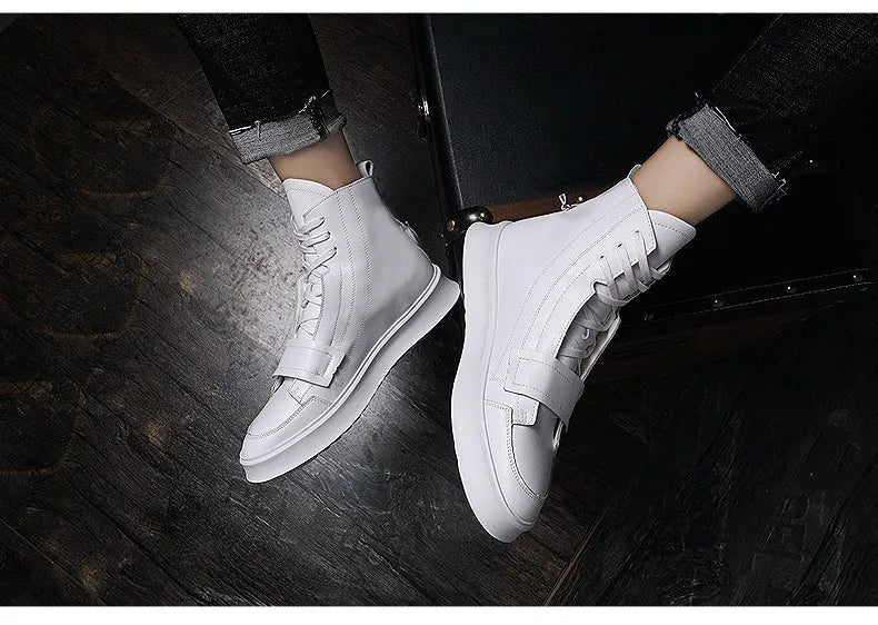Men's black and white PU leather winter ankle boots in high-top sneaker style showing size range