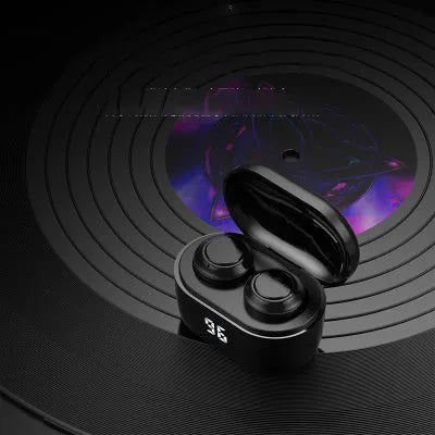 Black stereo Bluetooth headset with earplug design featuring Bluetooth 5.0 and 10-metre wireless range