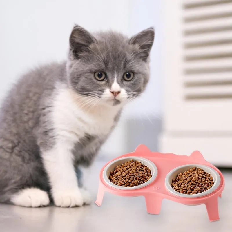 Ceramic cat bowl set with elevated tilted design on ABS stand, blue colour option