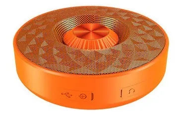 Compact Bluetooth mini speaker in black, orange, or silvery white with wireless stereo pairing and aux input