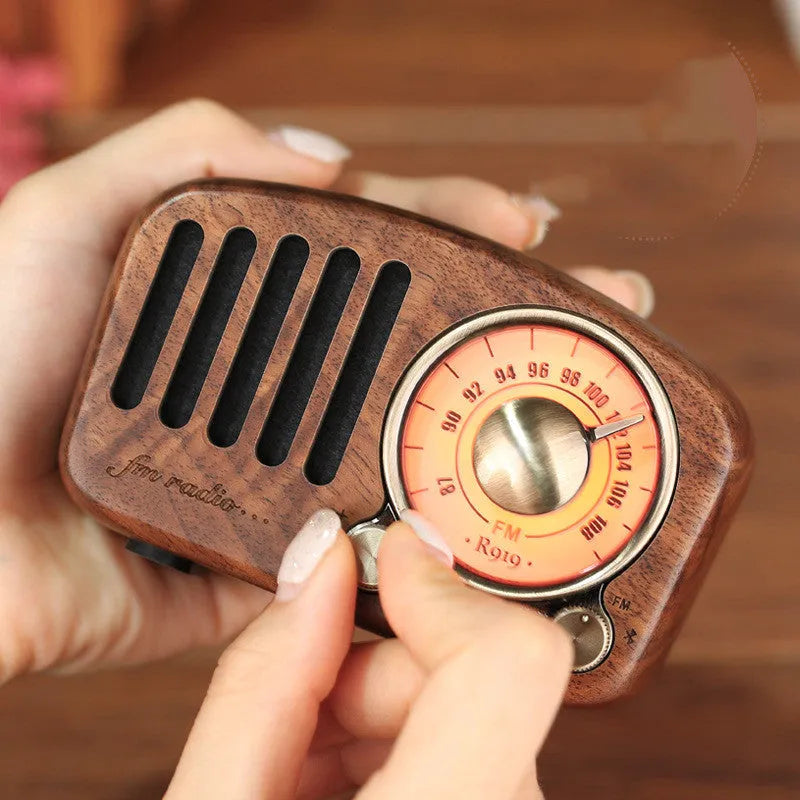 Retro wooden wireless mini speaker in natural wood finish with compact dimensions